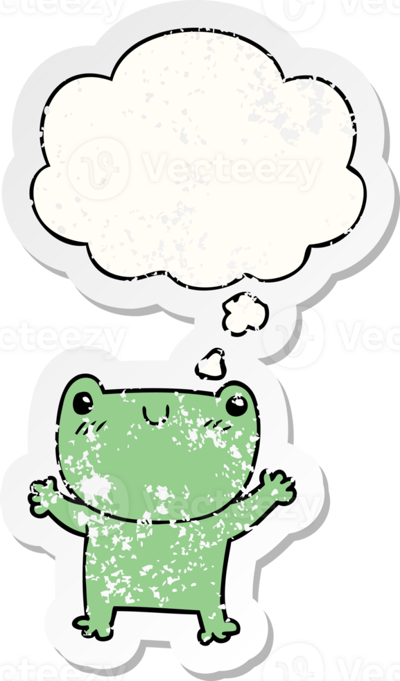 cartoon frog with thought bubble as a distressed worn sticker png