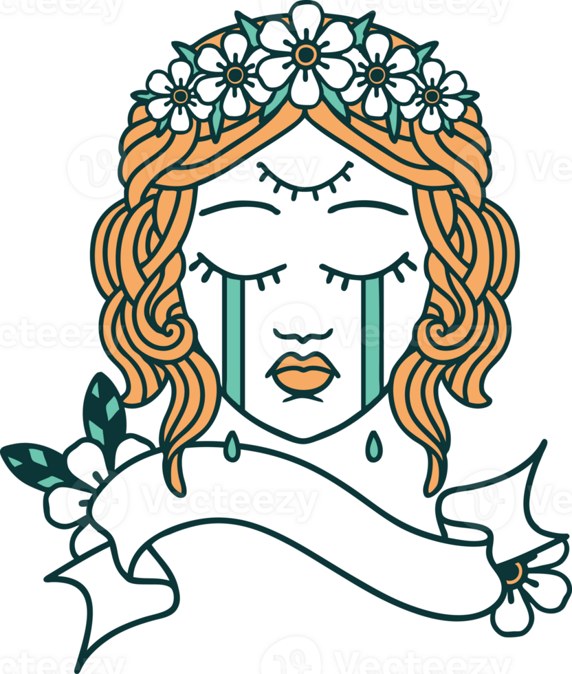 traditional tattoo with banner of female face with third eye and crown of flowers cyring png