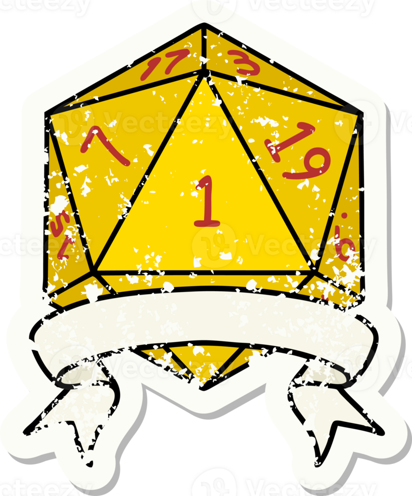 grunge sticker of a natural one d20 dice roll png