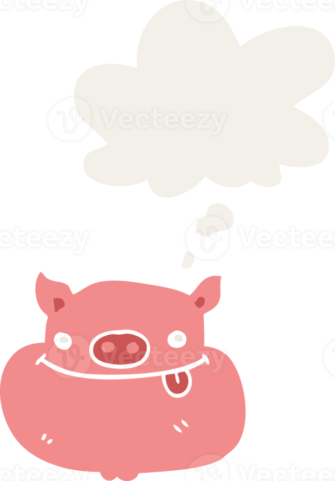 cartoon happy pig face with thought bubble in retro style png