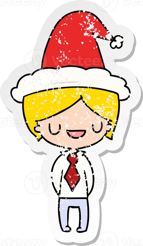 hand drawn christmas distressed sticker cartoon of kawaii boy png