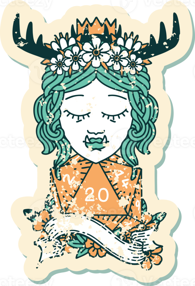 Retro Tattoo Style orc druid character with natural twenty dice roll png