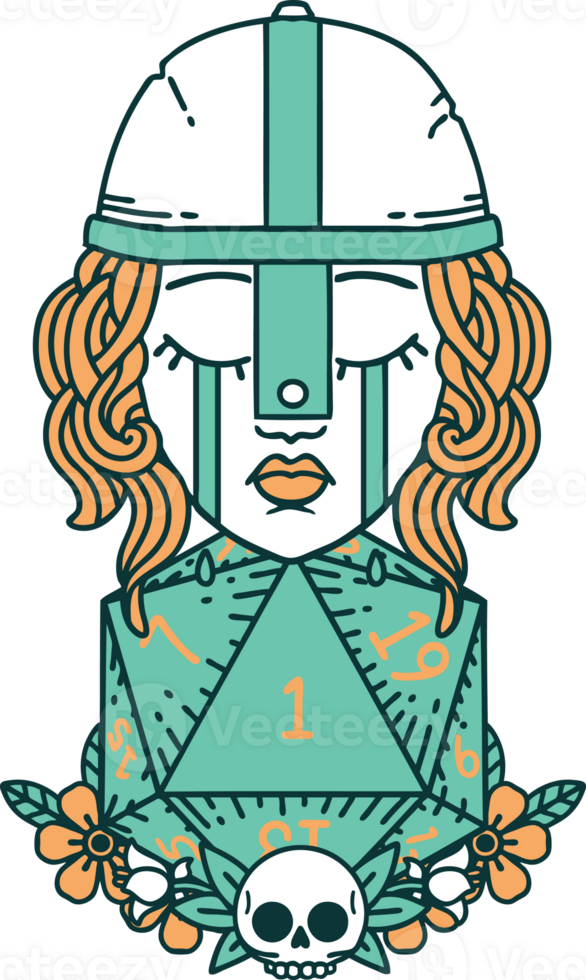 Retro Tattoo Style crying human fighter with natural one D20 roll png