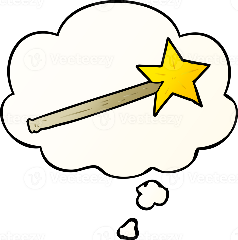 cartoon magic wand with thought bubble in smooth gradient style png
