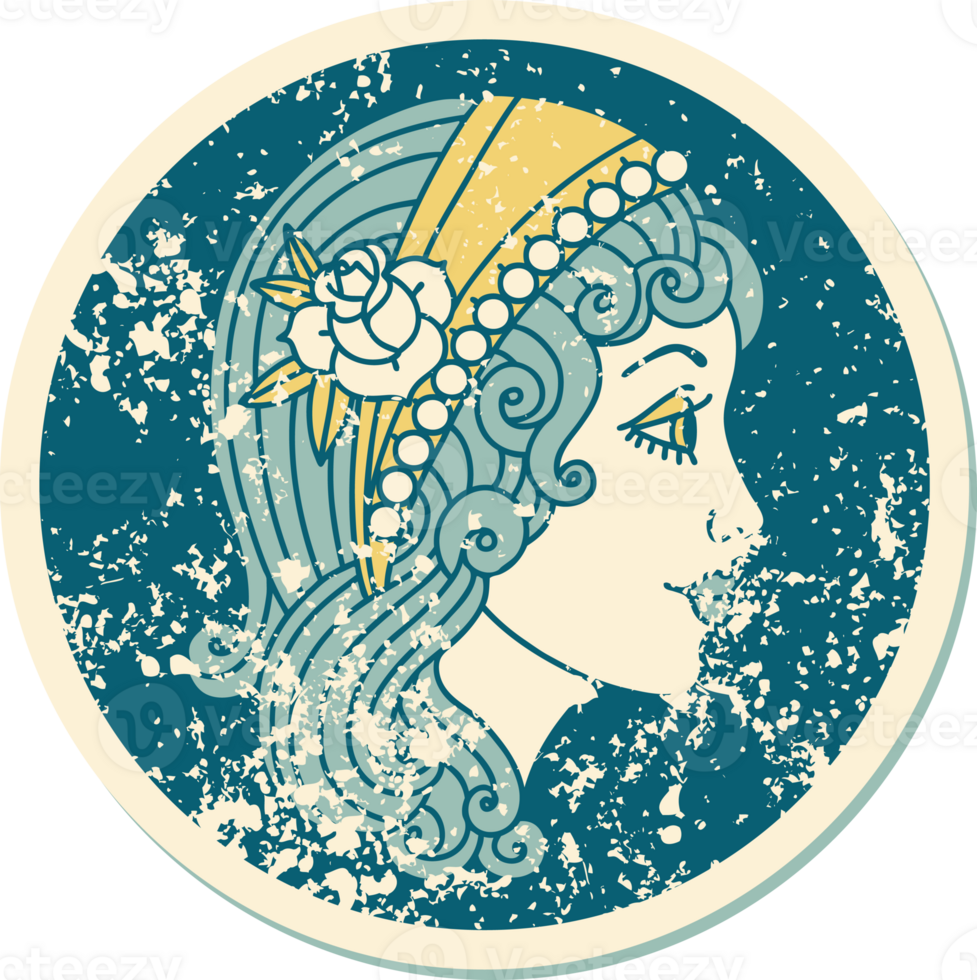iconic distressed sticker tattoo style image of a gypsy head png