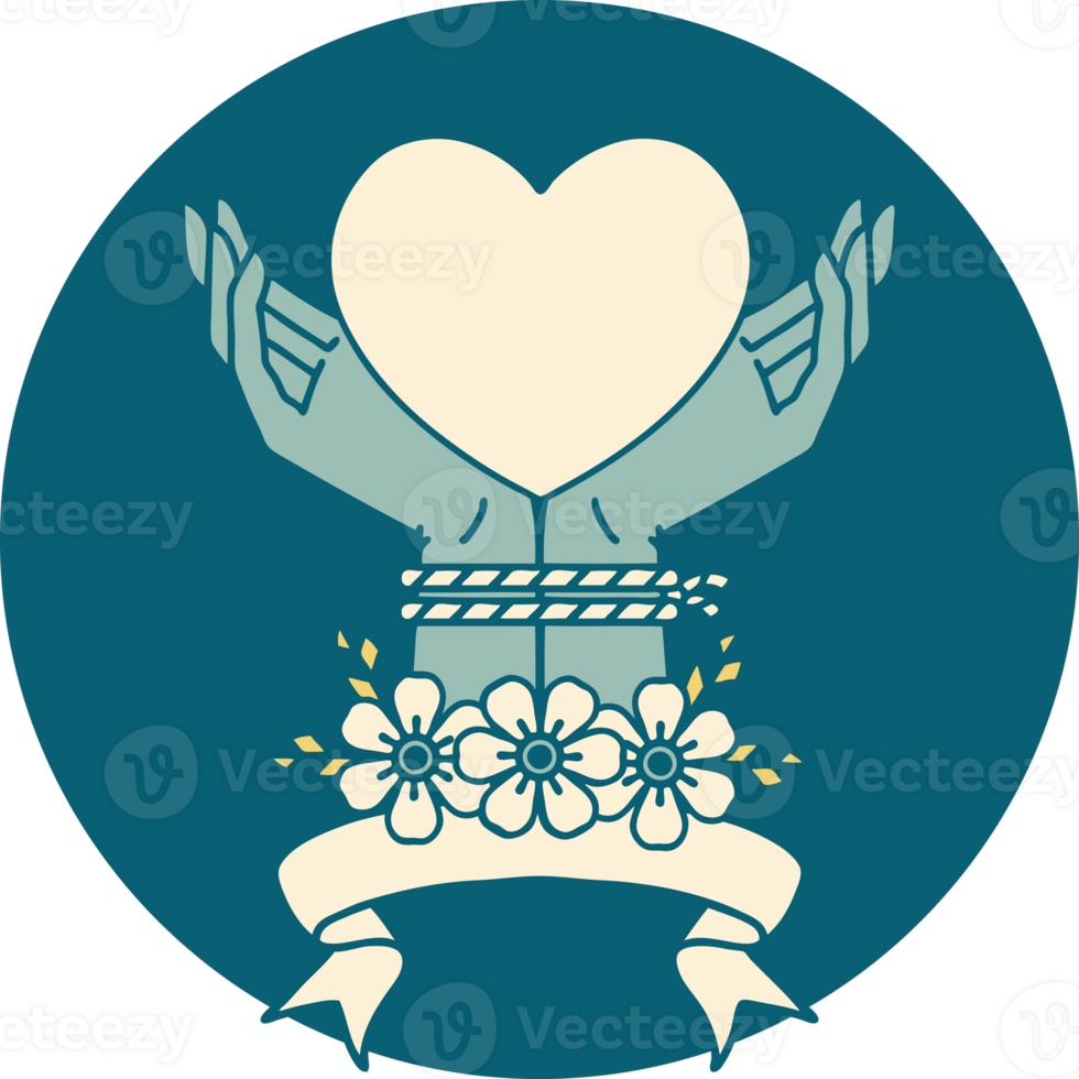 tattoo style icon with banner of tied hands and a heart png