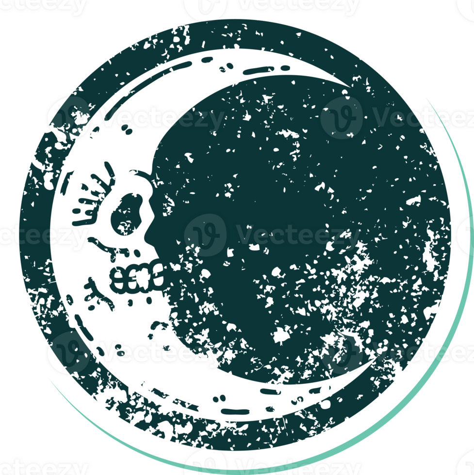 iconic distressed sticker tattoo style image of a skull moon png