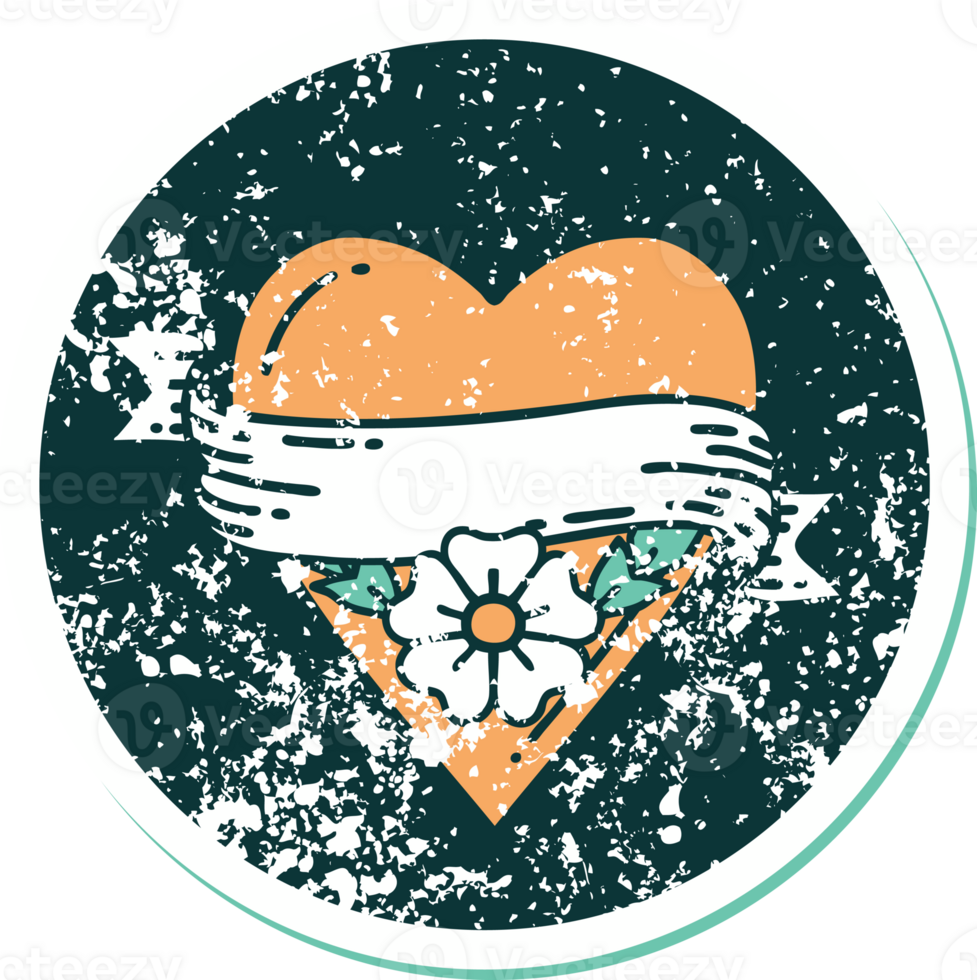 iconic distressed sticker tattoo style image of a heart flower and banner png