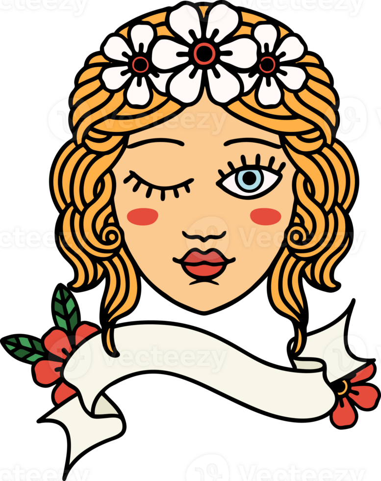 traditional tattoo with banner of a maidens face winking png