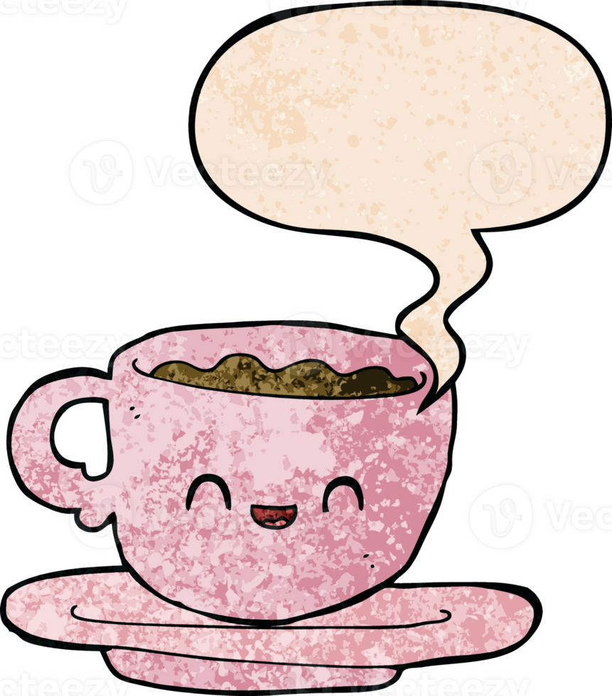 cartoon hot cup of coffee with speech bubble in retro texture style png