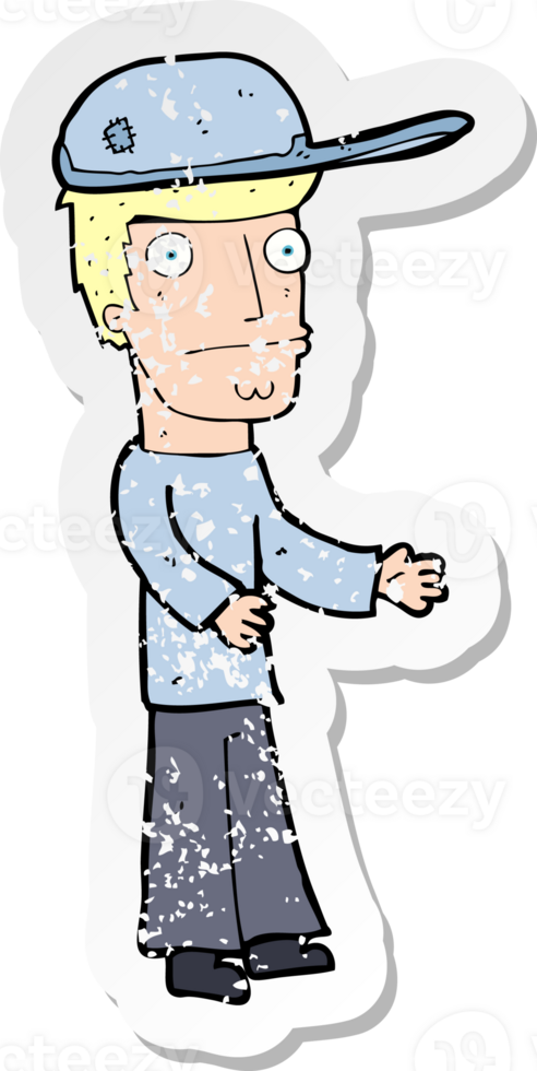 retro distressed sticker of a cartoon worried man wearing hat png