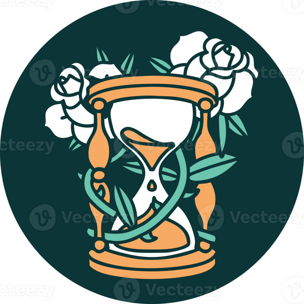 iconic tattoo style image of an hour glass and flowers png