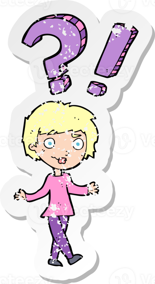 retro distressed sticker of a cartoon woman asking question png