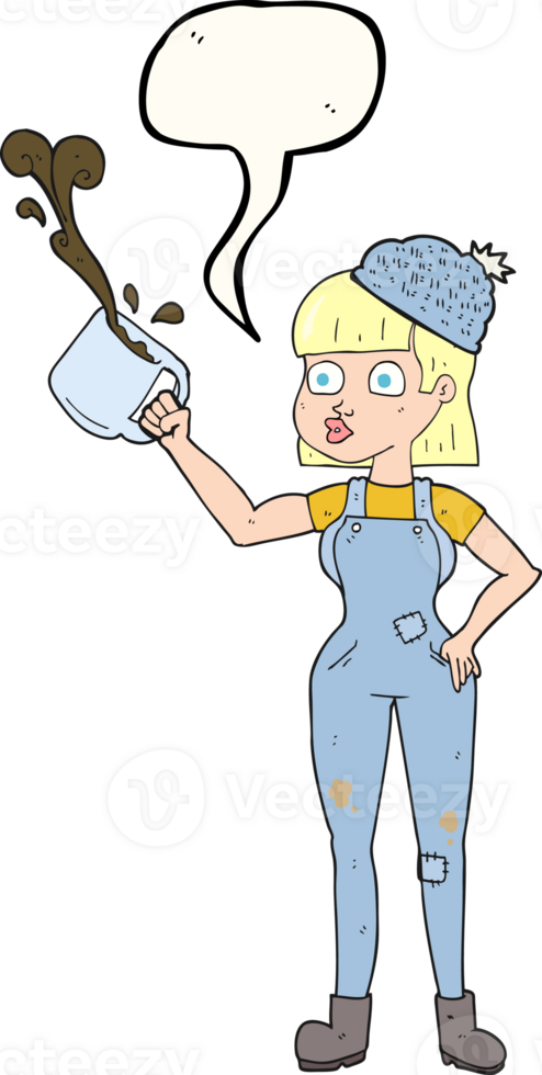 mano disegnato discorso bolla cartone animato femmina lavoratore con caffè boccale png