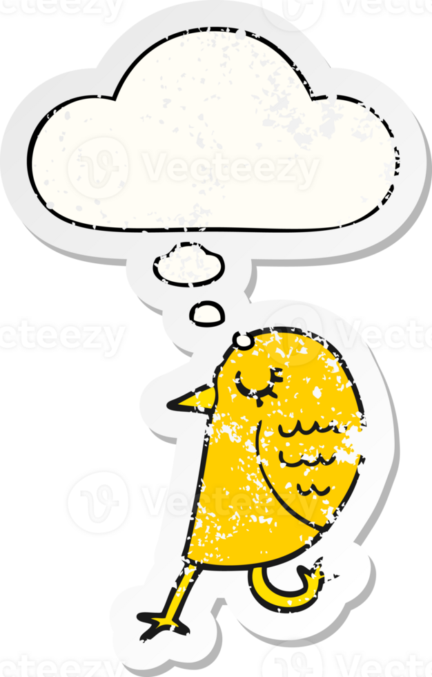 cartoon bird with thought bubble as a distressed worn sticker png