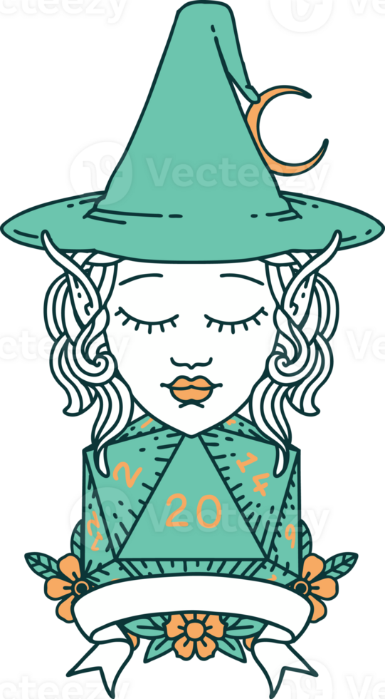 Retro Tattoo Style elf mage character with natural twenty dice roll png