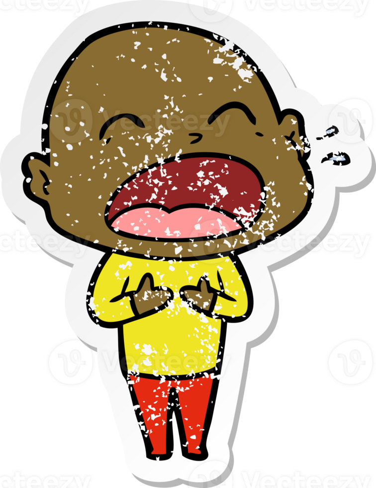 distressed sticker of a cartoon shouting bald man png