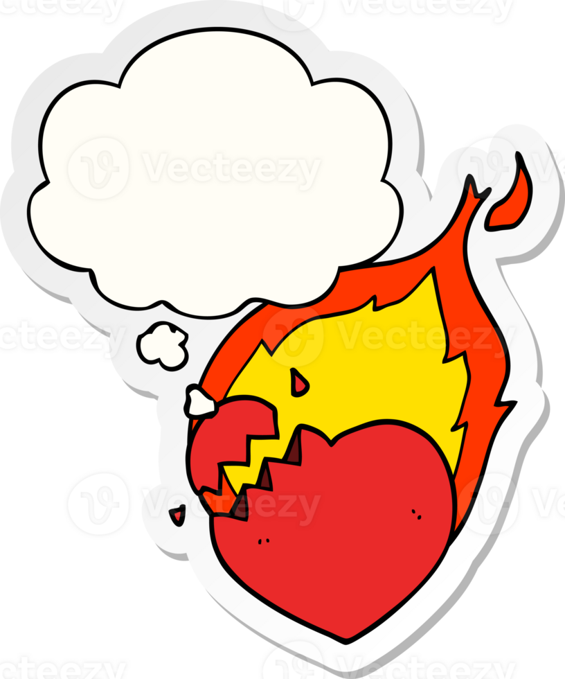 cartoon flaming heart with thought bubble as a printed sticker png