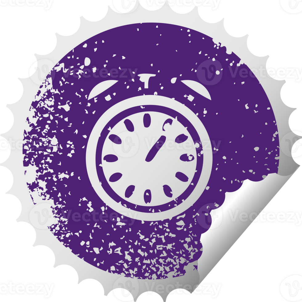 distressed circular peeling sticker symbol of a alarm clock png