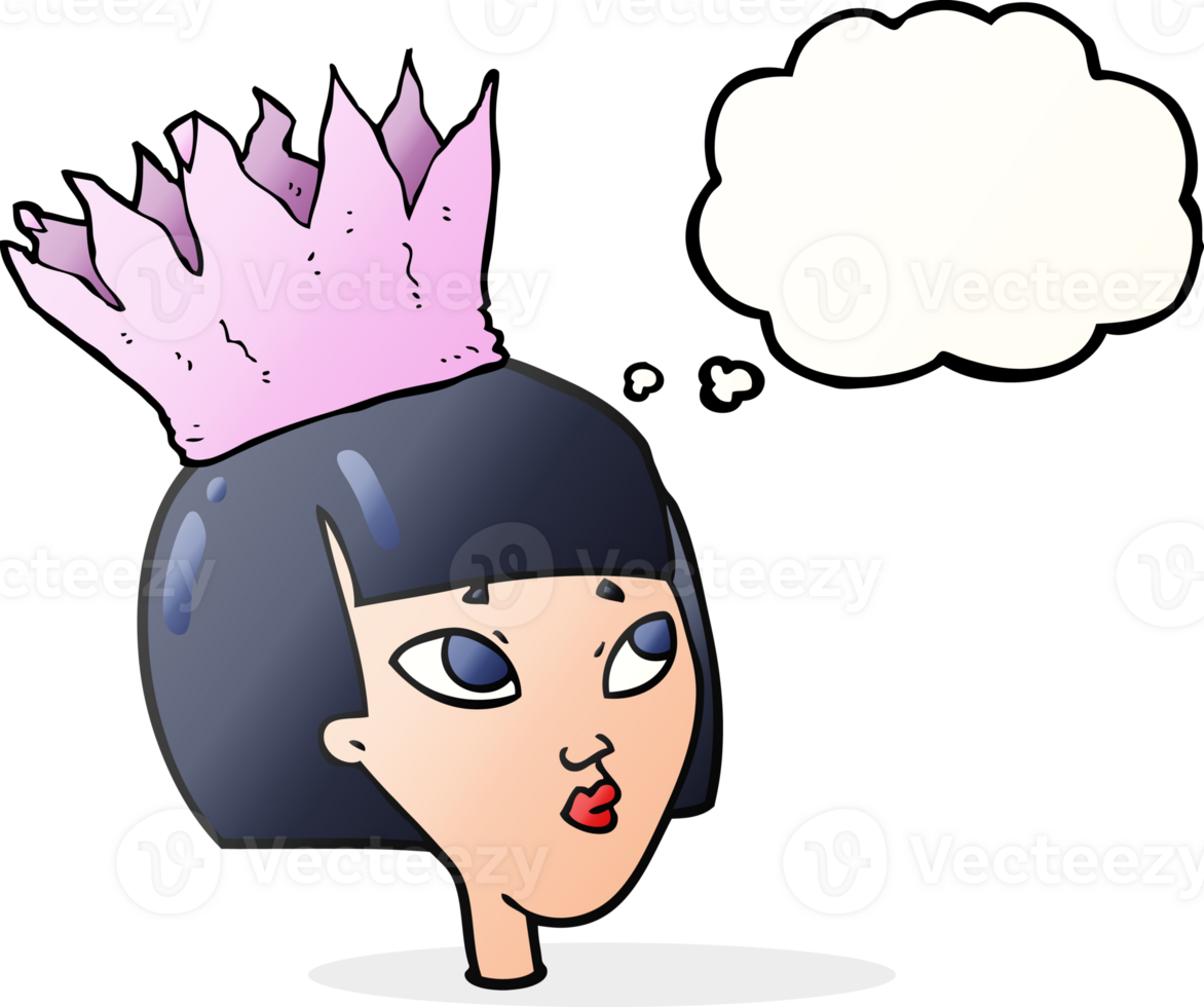 hand drawn thought bubble cartoon woman wearing paper crown png
