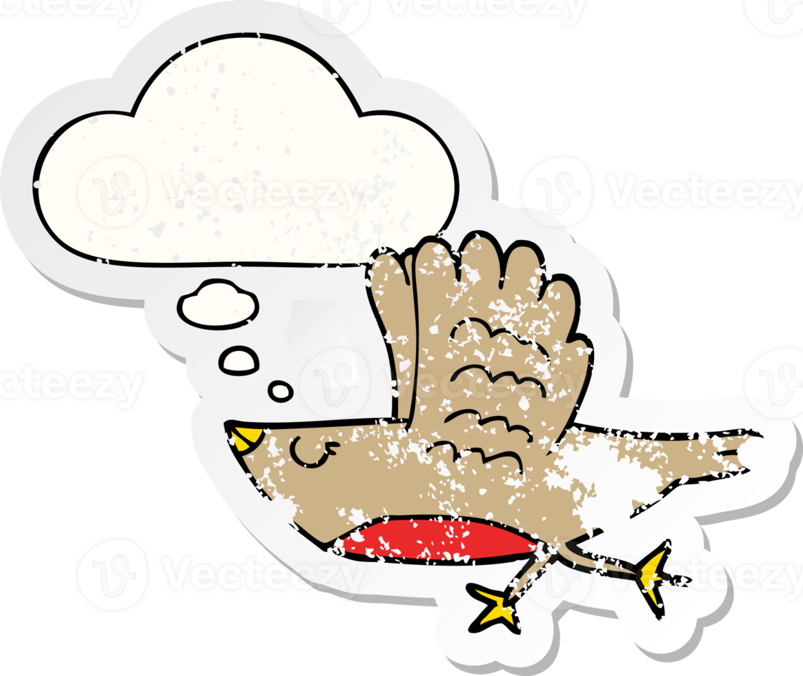 cartoon bird with thought bubble as a distressed worn sticker png