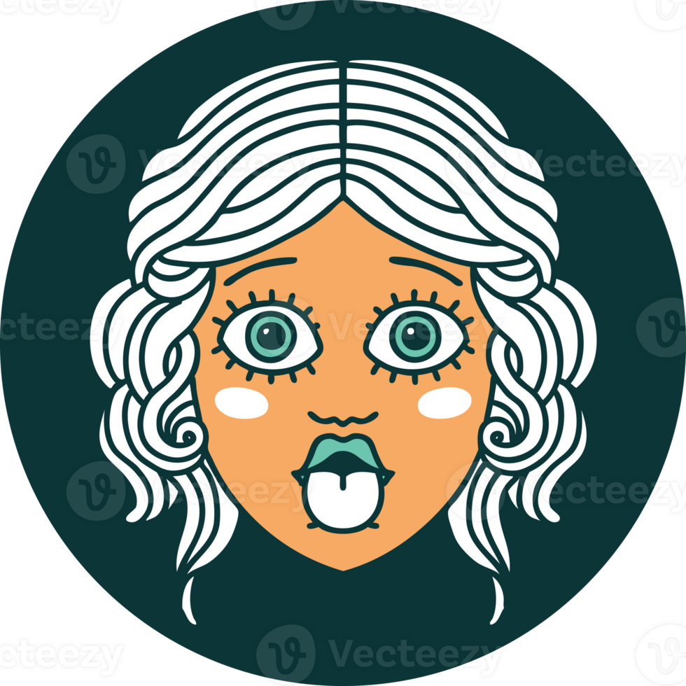 iconic tattoo style image of female face sticking out tongue png