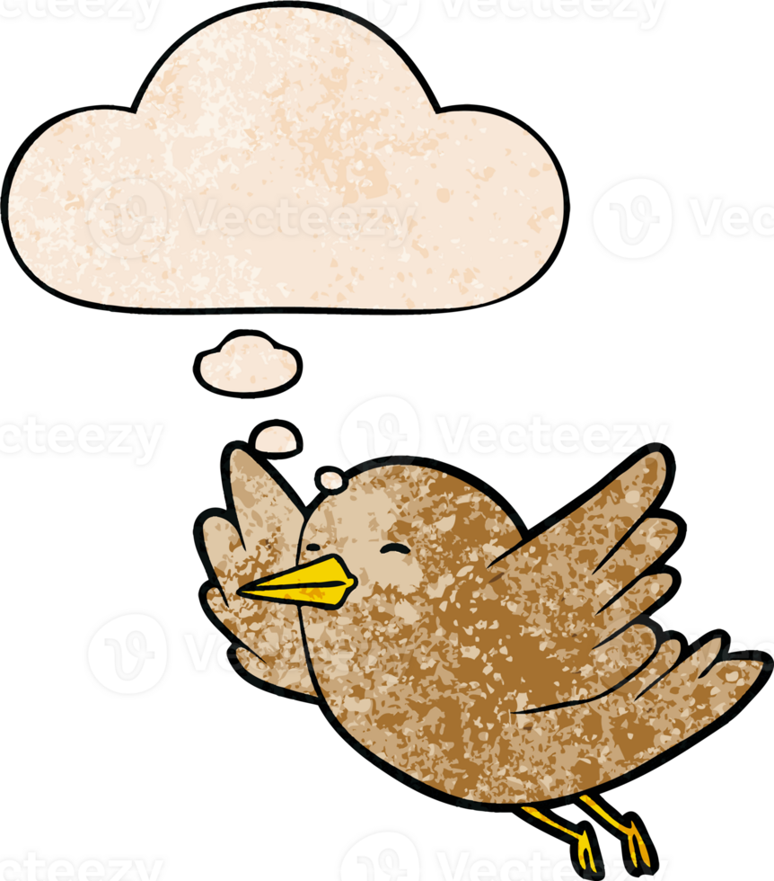 cartoon bird with thought bubble in grunge texture style png