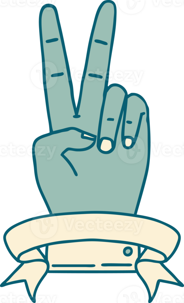 Retro Tattoo Style peace two finger hand gesture with banner png
