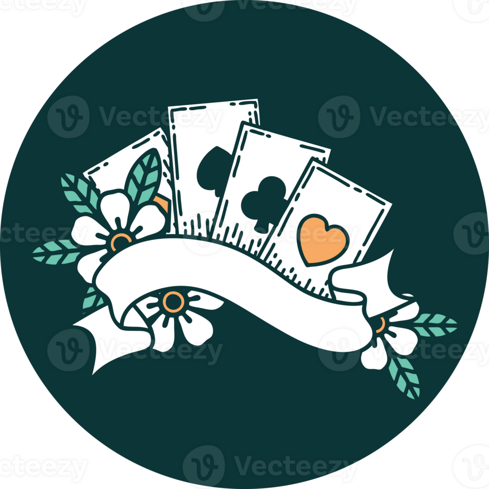 iconic tattoo style image of cards and banner png