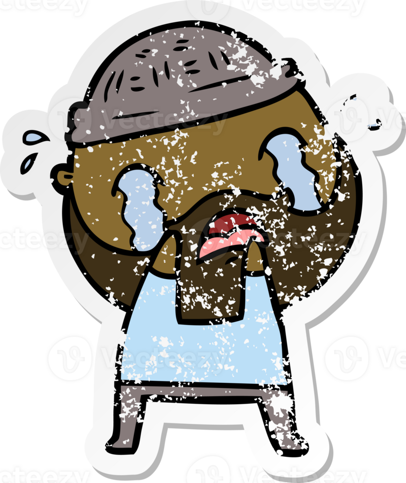 distressed sticker of a cartoon bearded man crying png