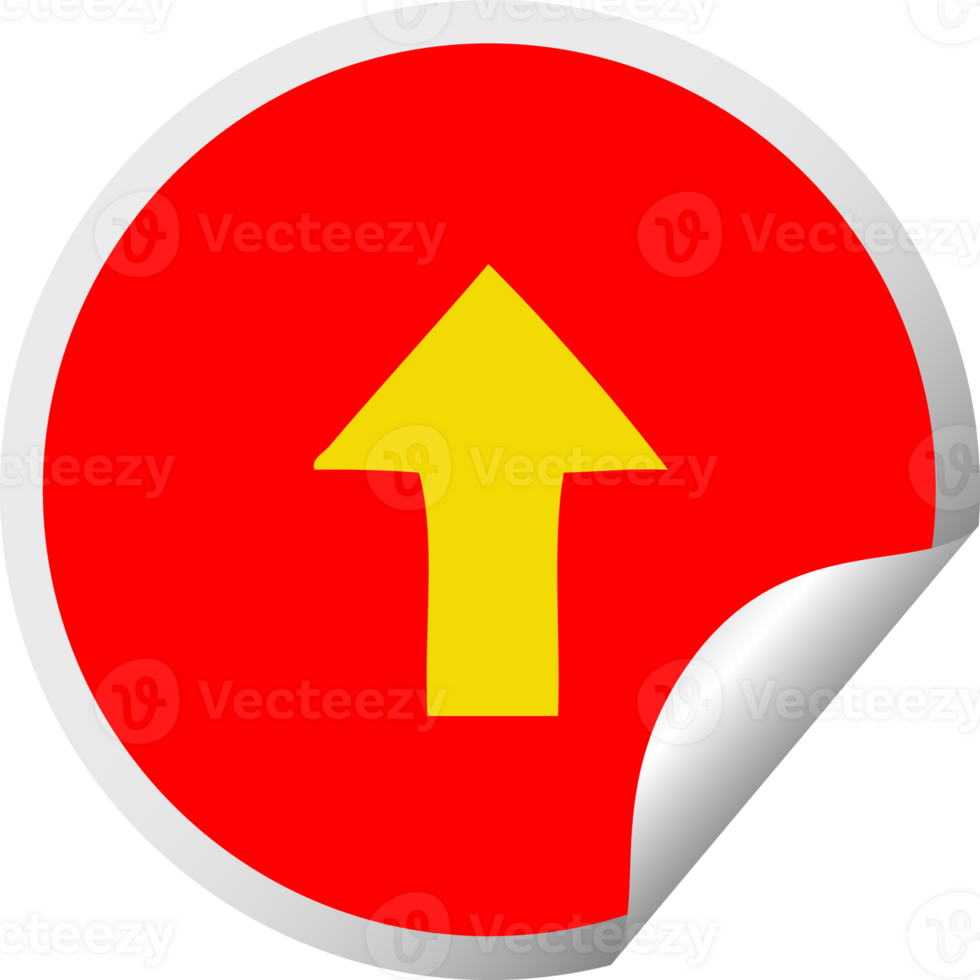 circular peeling sticker cartoon of a pointing arrow png