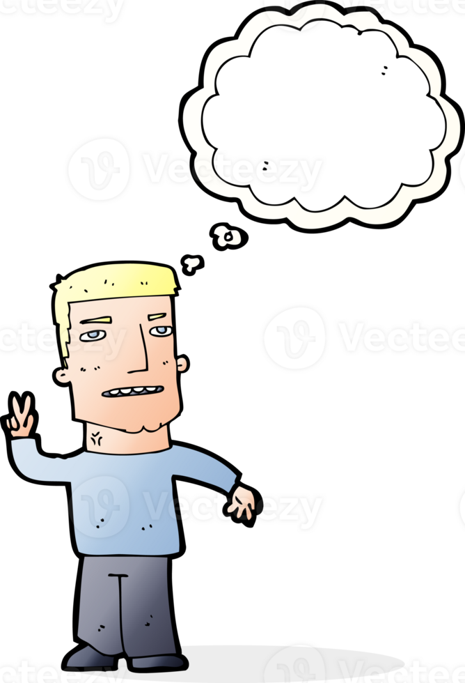 cartoon man giving peace sign with thought bubble png