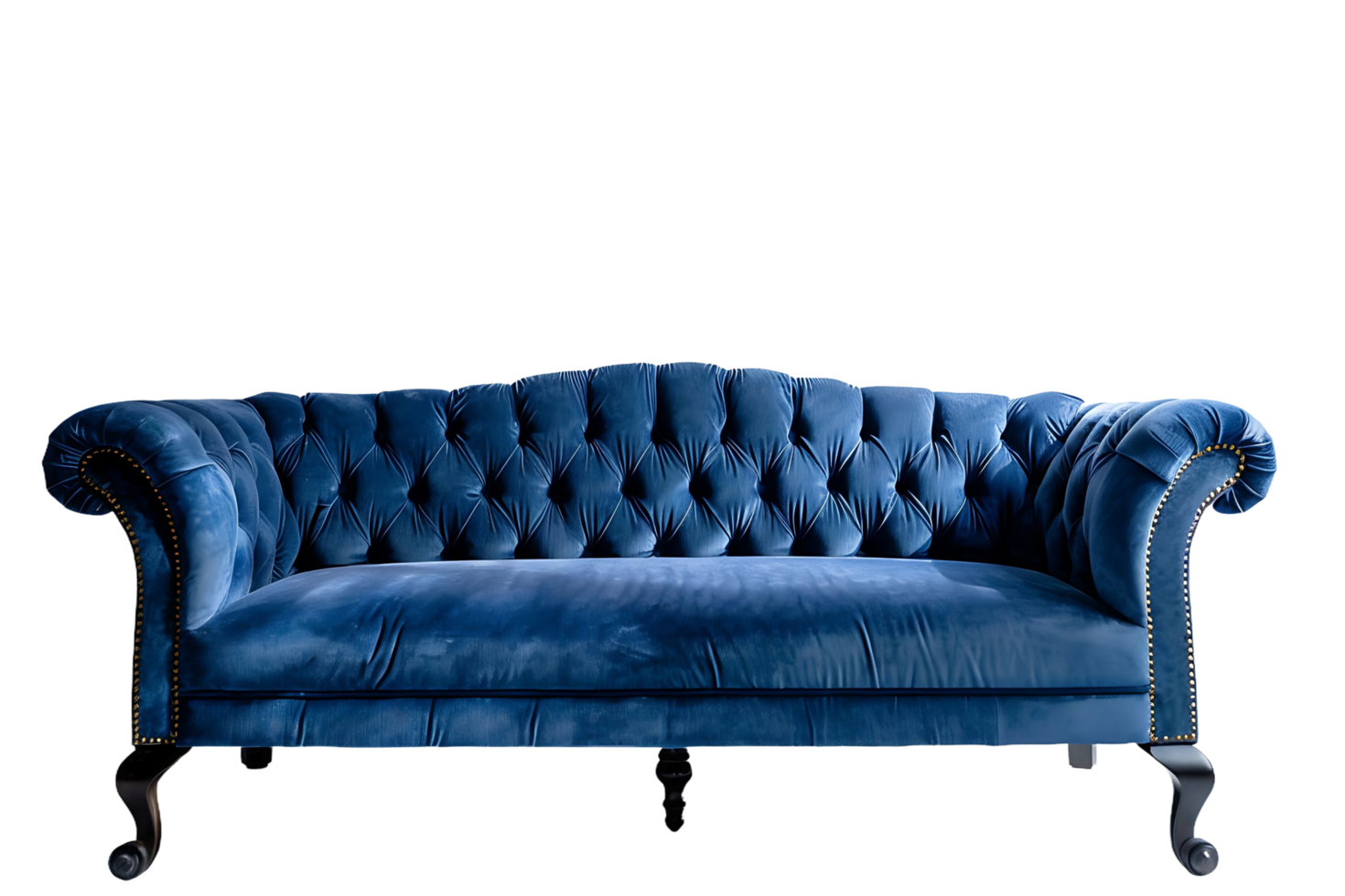 Elegant Blue Velvet Chesterfield Couch on transparent background png