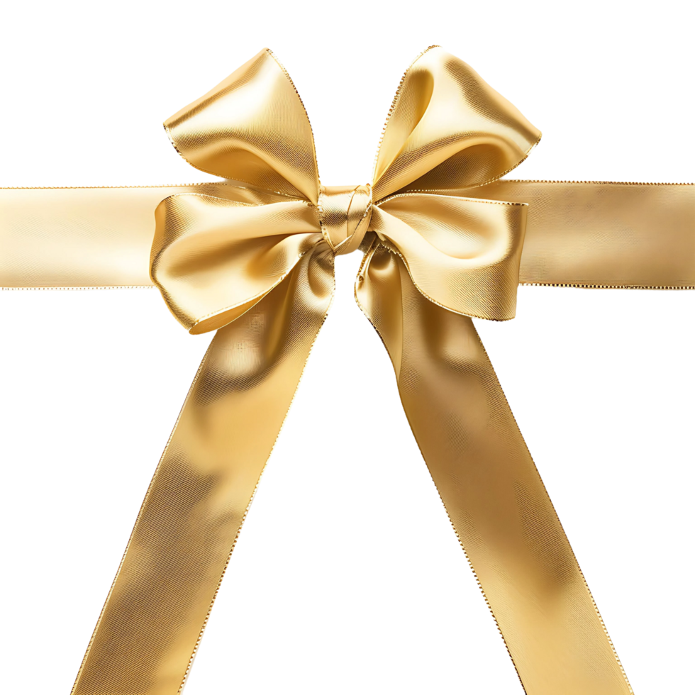 A gold ribbon bow is shown on transparent background png