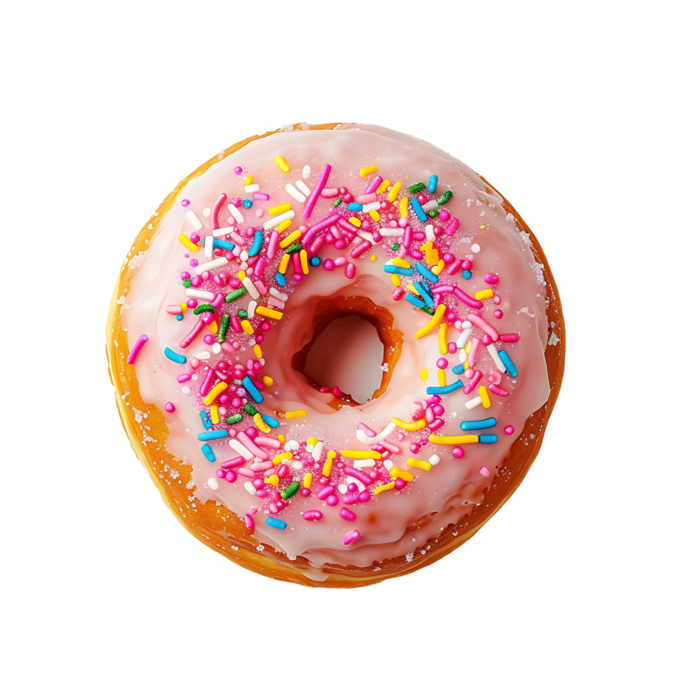 A pink donut with rainbow sprinkles on transparent background png