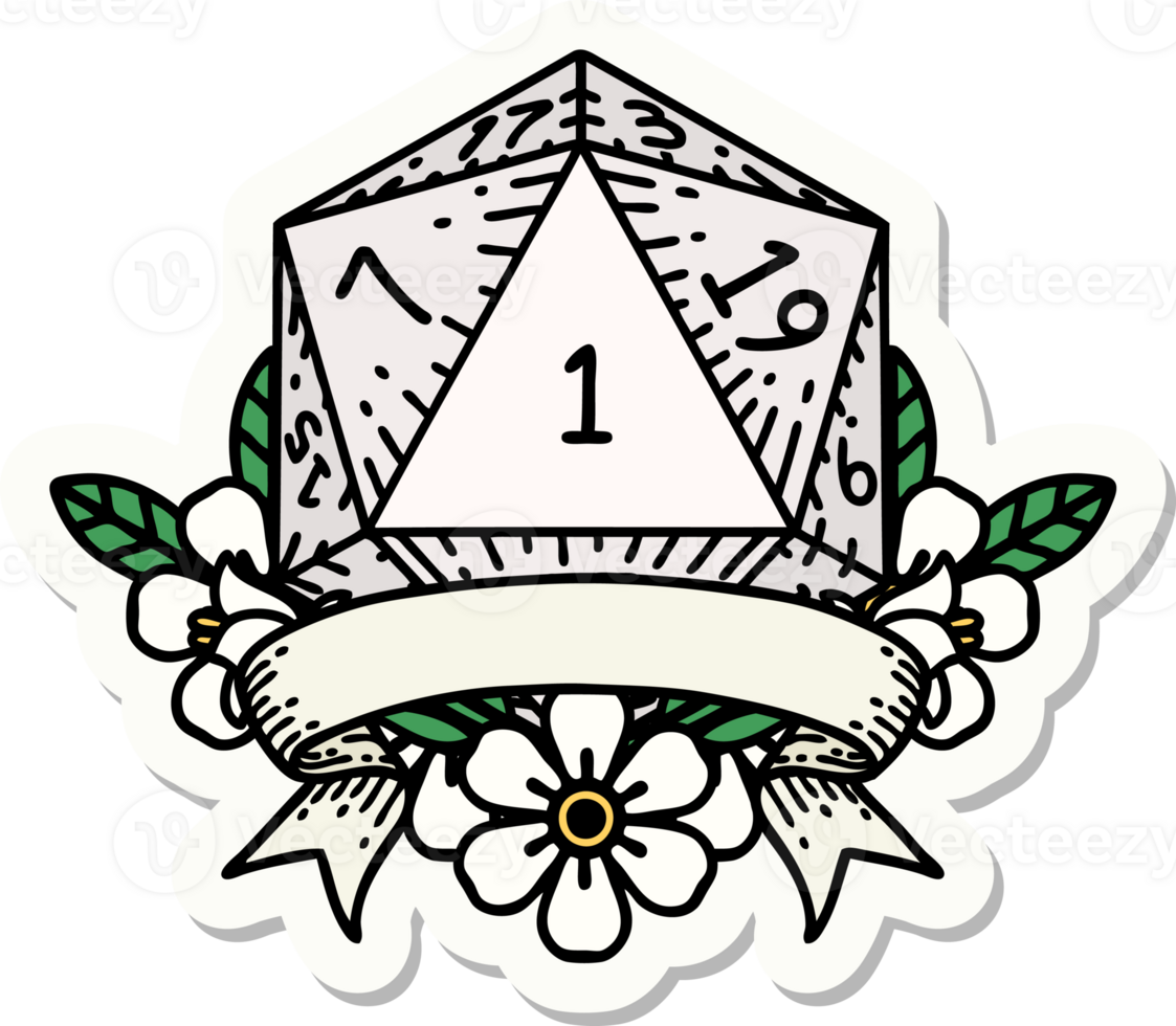 sticker of a natural one d20 dice roll png