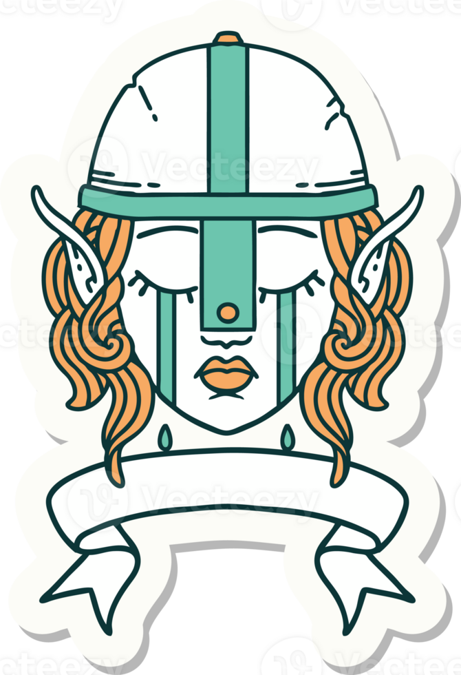 sticker of a crying elf fighter character face with banner png