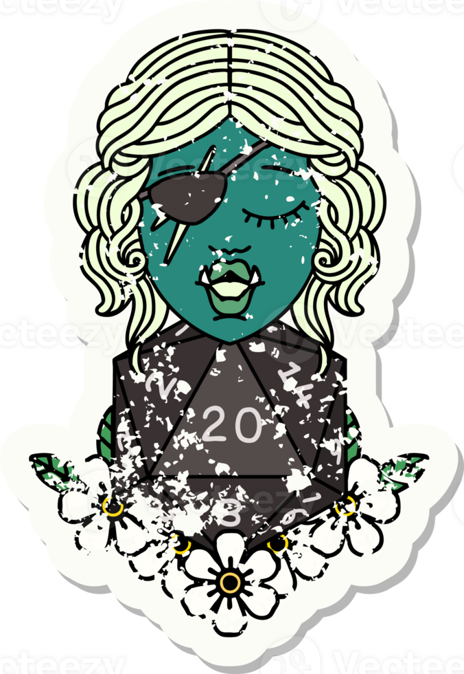 Retro Tattoo Style half orc rogue with natural twenty dice roll png