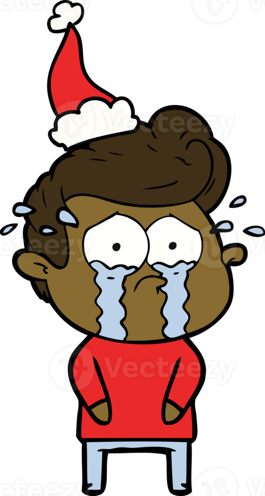 hand drawn line drawing of a crying man wearing santa hat png