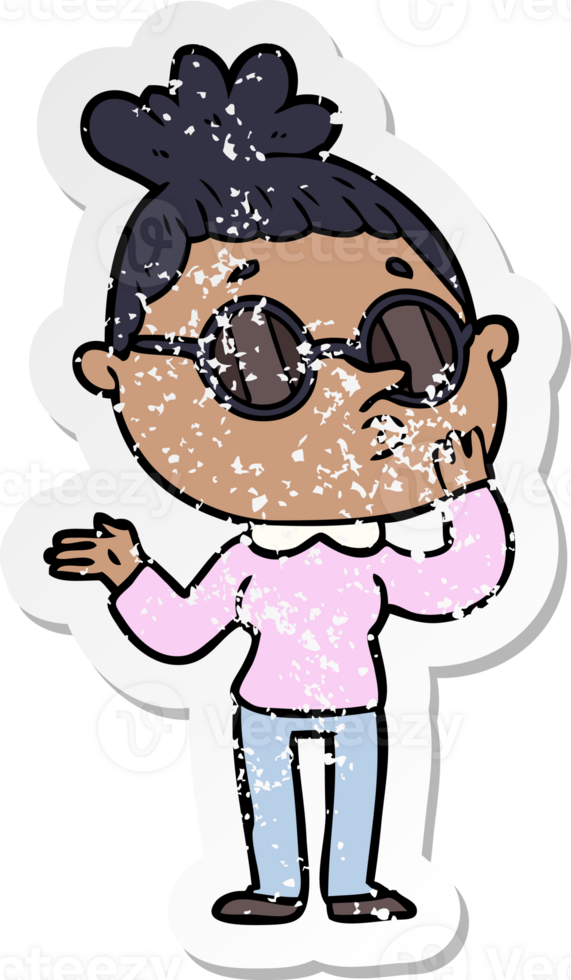 distressed sticker of a cartoon woman wearing sunglasses png