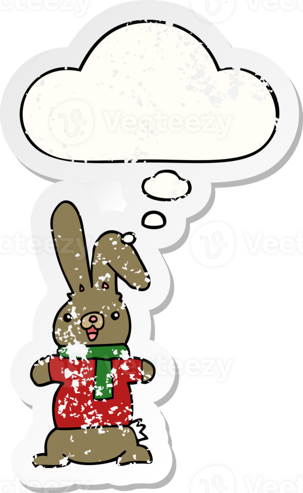 cartoon rabbit with thought bubble as a distressed worn sticker png