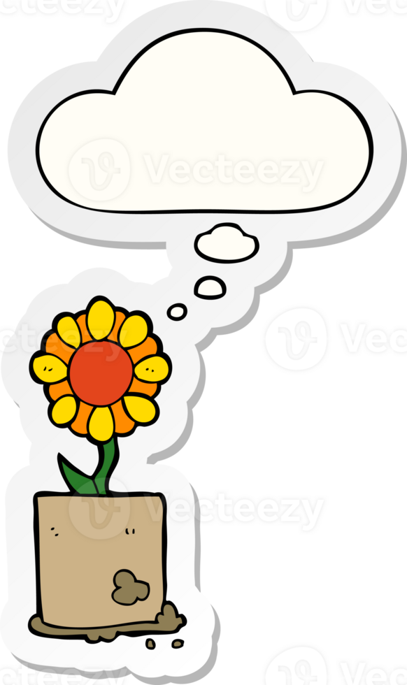 cartoon flower with thought bubble as a printed sticker png