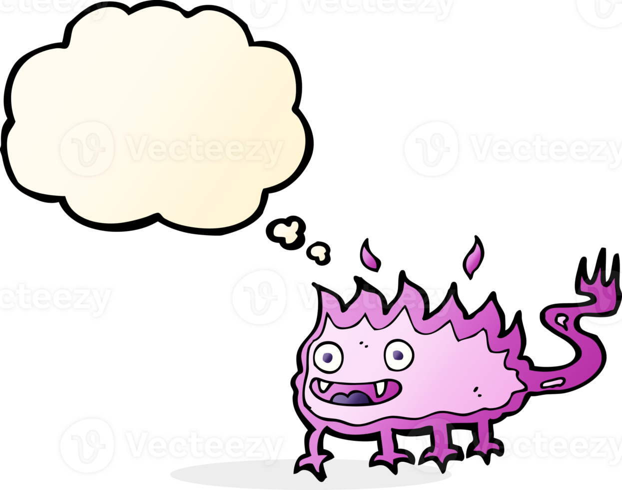cartoon little fire demon with thought bubble png