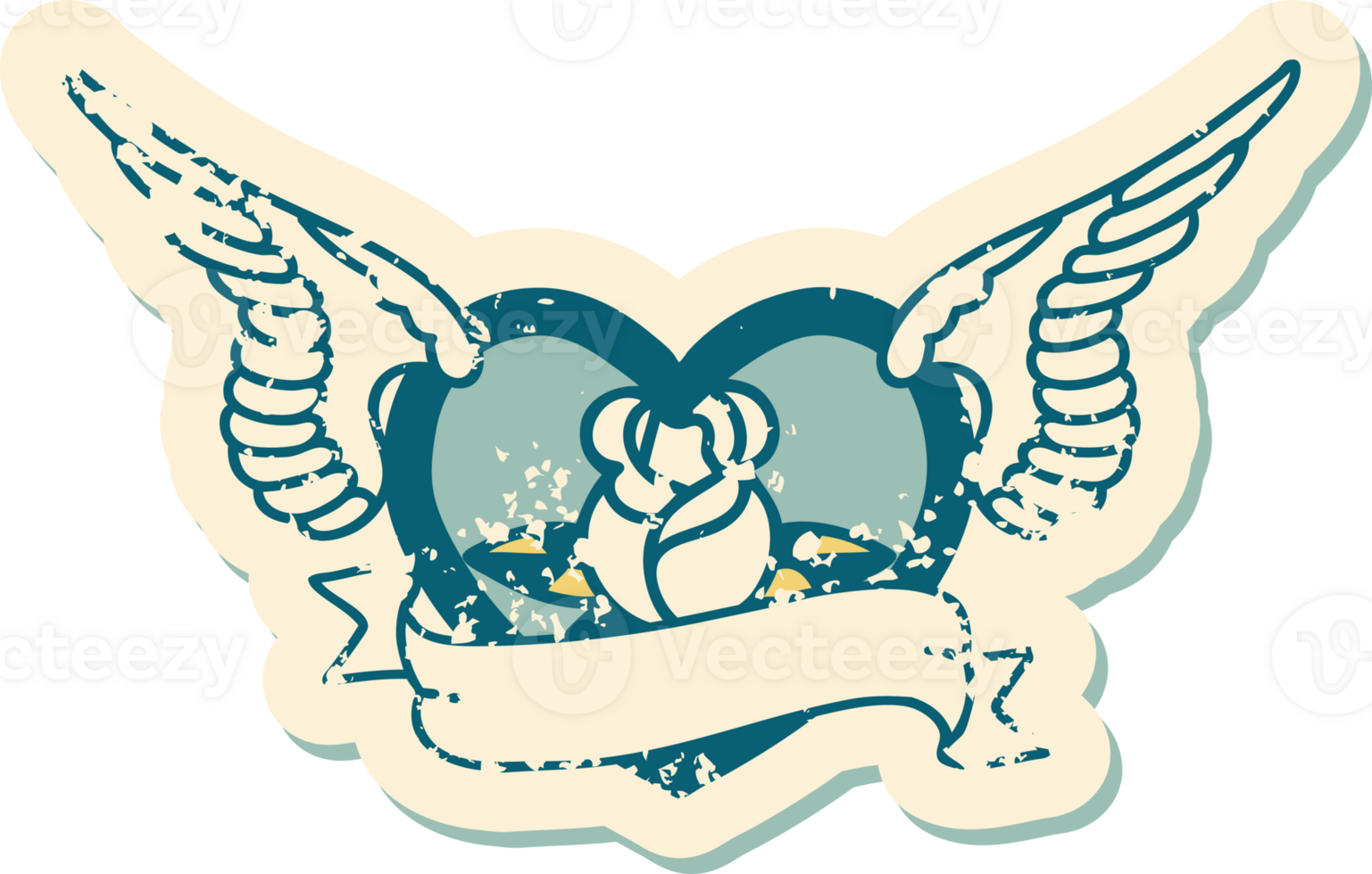 iconic distressed sticker tattoo style image of a flying heart with flowers and banner png