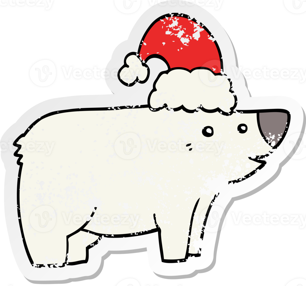 distressed sticker of a cartoon bear wearing christmas hat png