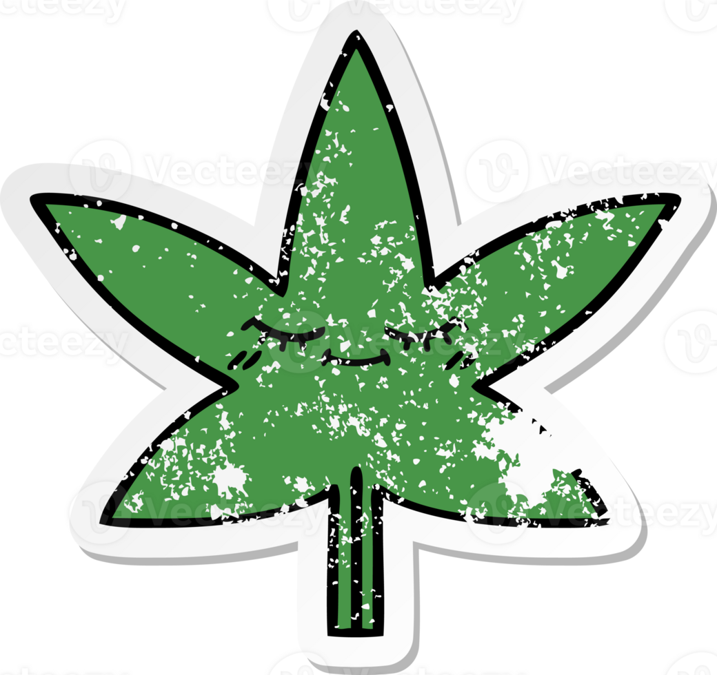 distressed sticker of a cute cartoon marijuana leaf png