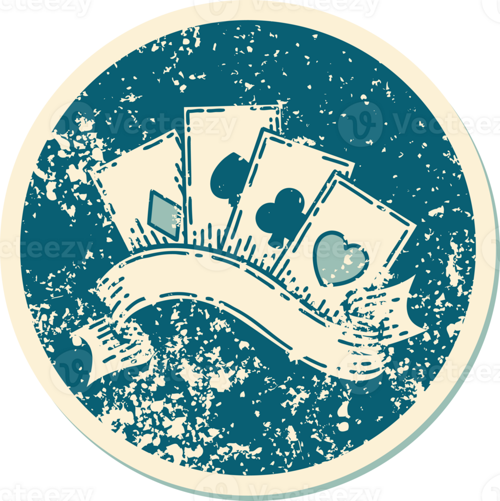 iconic distressed sticker tattoo style image of cards and banner png
