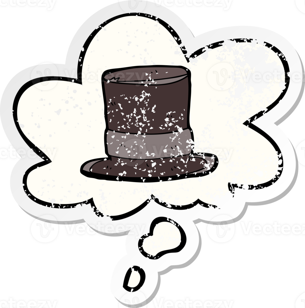 cartoon top hat with thought bubble as a distressed worn sticker png