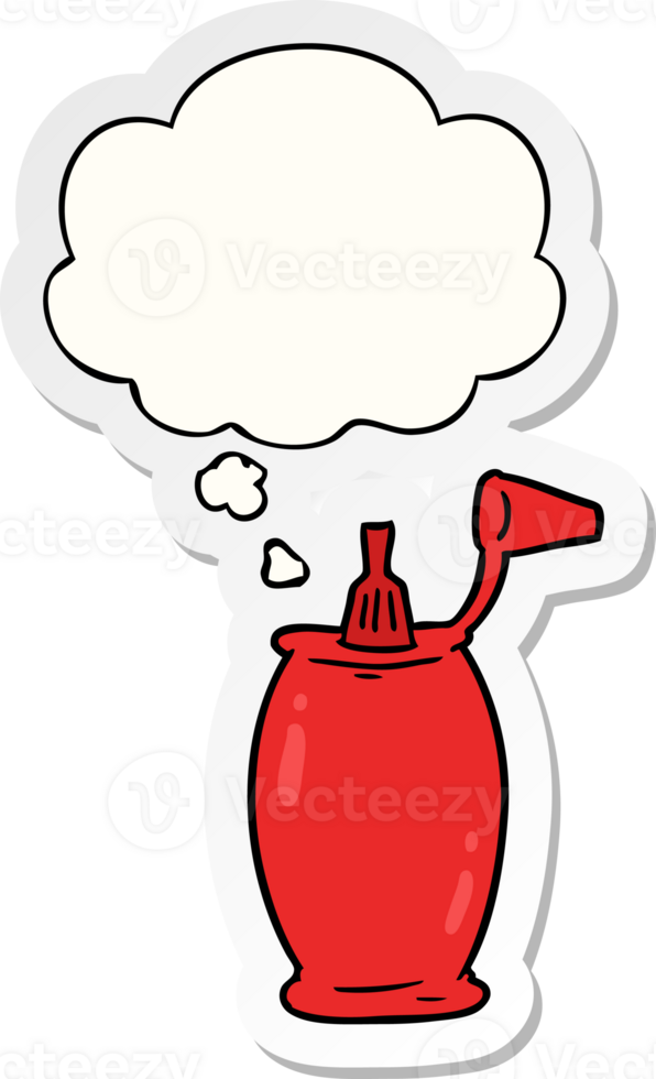 cartoon ketchup bottle with thought bubble as a printed sticker png