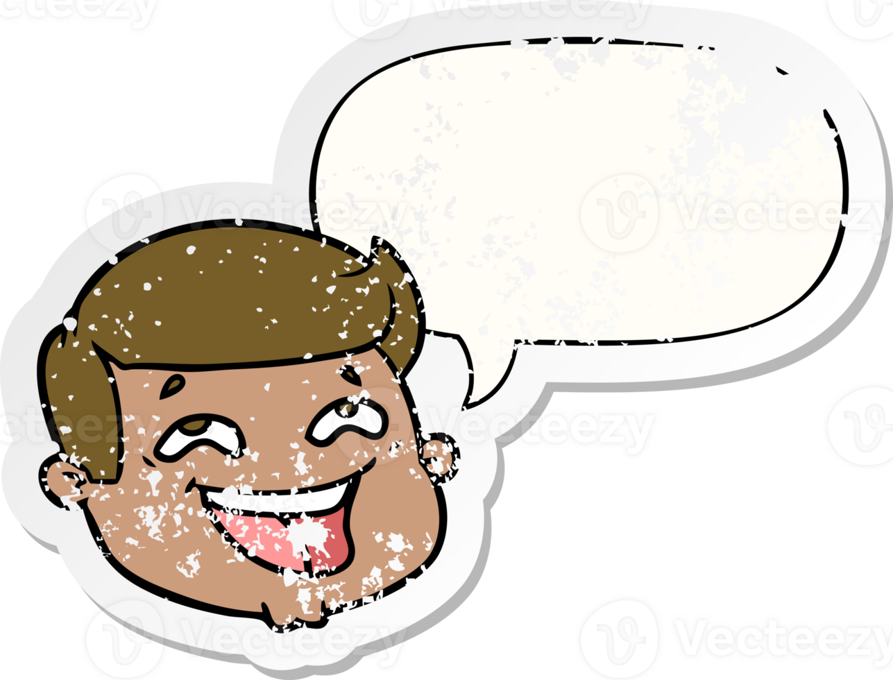 happy cartoon male face with speech bubble distressed distressed old sticker png